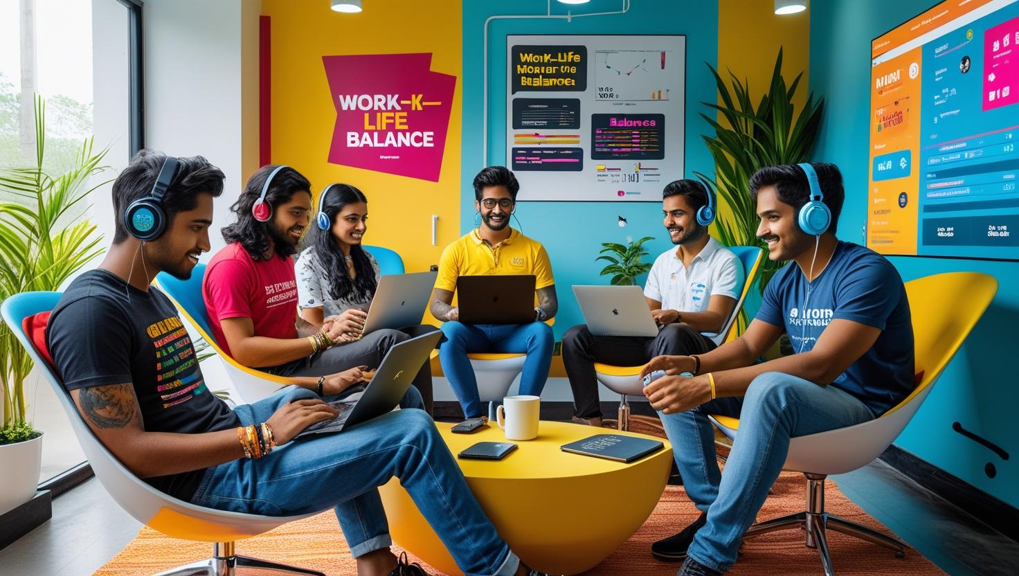_A vibrant modern Indian office space with young Gen Z professionals (early 20s) collaborating over laptops and tablets, walls decorated with bold motivational quotes, digital dashboards, flexible seating, and n_863.jpg